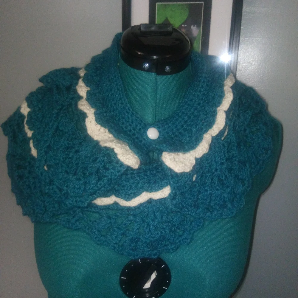 Crochet Multi-Wear Scarf/Wrap/Vest/Accessory in Teal & White NEW